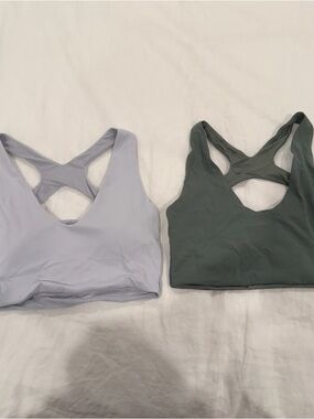 Two Lululemon Bend This Scoop and Cross Bra: windmill & grey eucalyptus